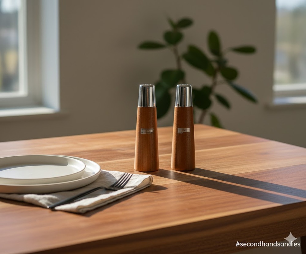 Vintage Mid Century Modern Teak Wood and Chrome Salt and Pepper Shakers Set